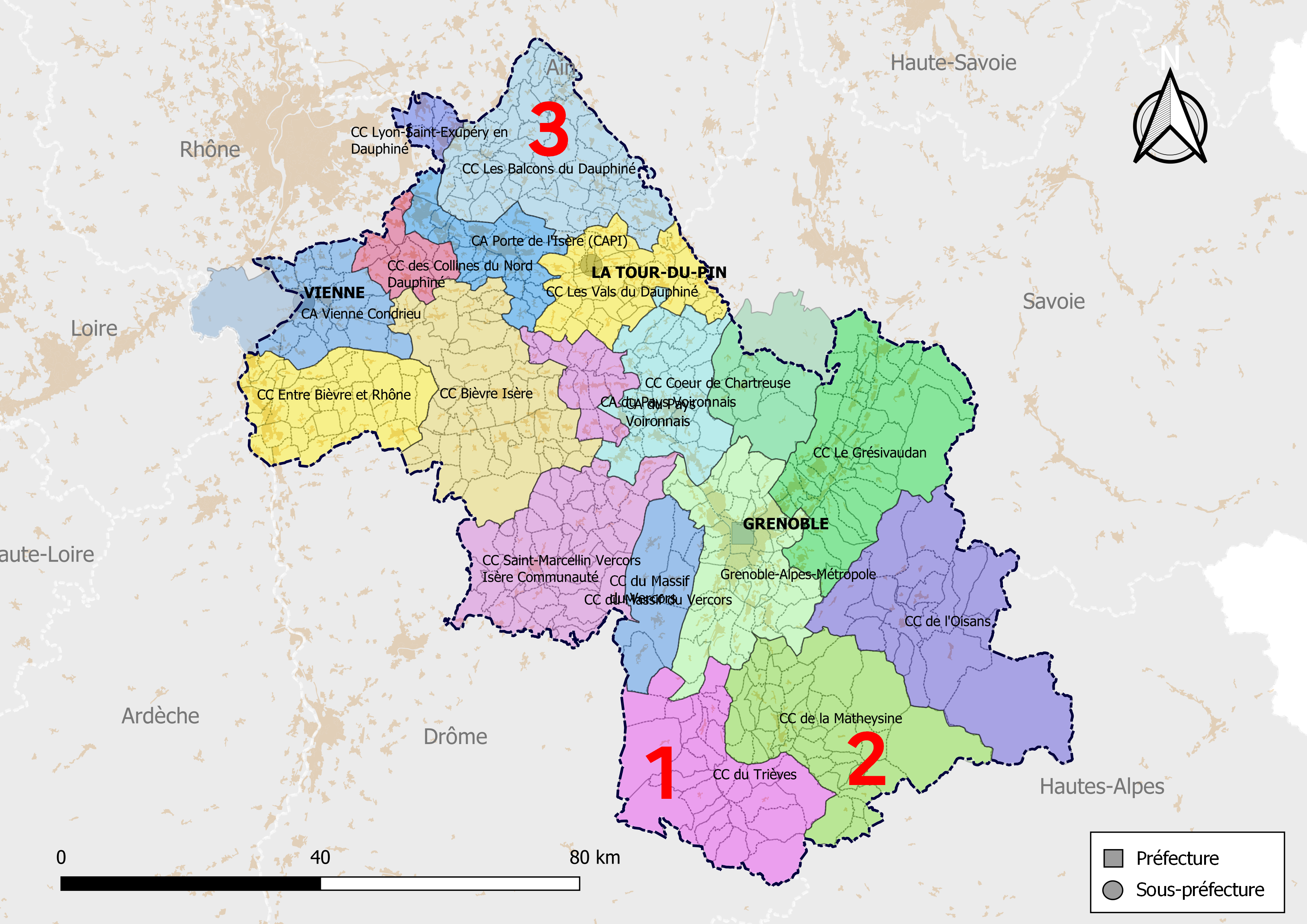 Carte de l’Isère localisant les trois TER : 1 Trièves, 2 Matheysine, 3 Balcons du Dauphiné
