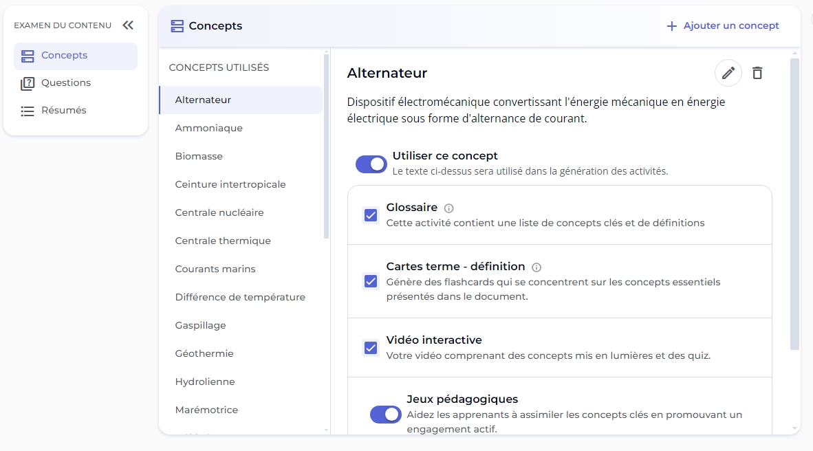 Capture d'écran de Nolej : examen du contenu