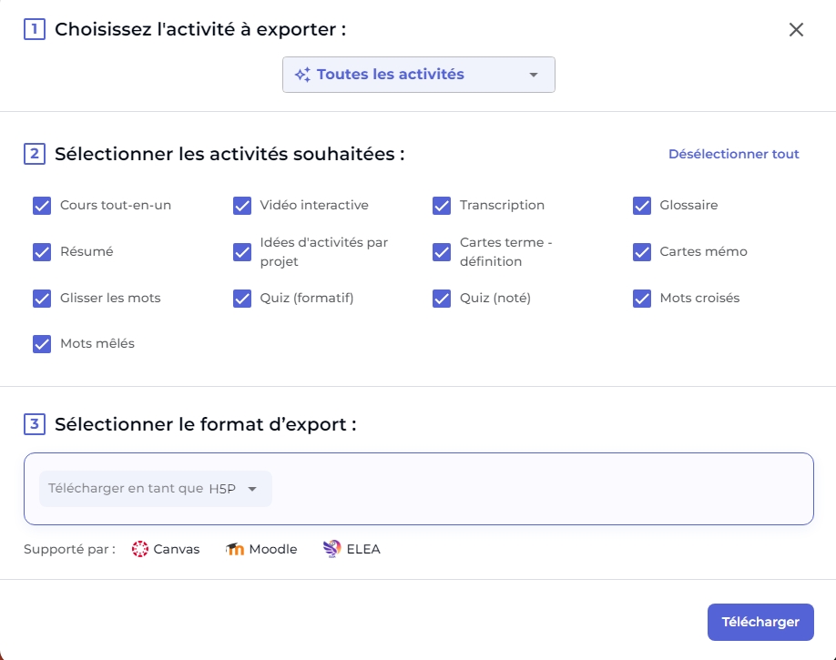 Capture d'écran de Nolej : export des activités de son choix